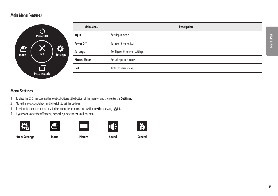 Main menu features, Menu settings | LG BP88CN-B 34" 1440p HDR Curved Monitor User Manual | Page 15 / 33