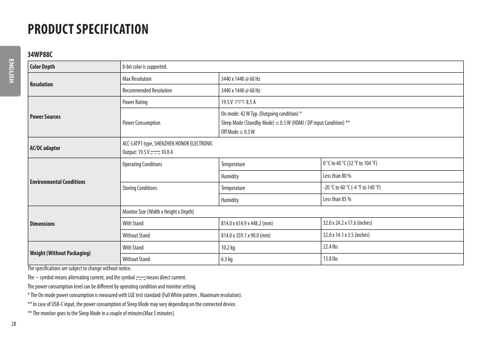 Product specification, 34wp88c | LG BP88CN-B 34" 1440p HDR Curved Monitor User Manual | Page 28 / 33