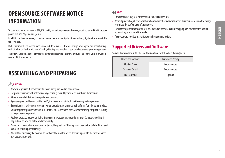Open source software notice information, Assembling and preparing, Open source software notice | Information, Supported drivers and software | LG BP88CN-B 34" 1440p HDR Curved Monitor User Manual | Page 3 / 33