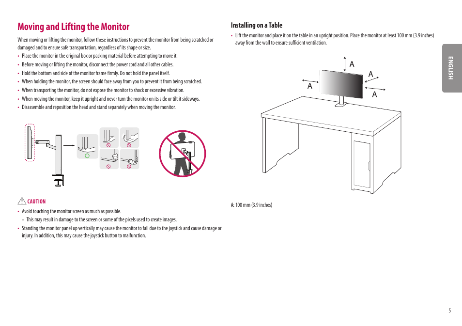 Moving and lifting the monitor, Installing on a table | LG BP88CN-B 34" 1440p HDR Curved Monitor User Manual | Page 5 / 33