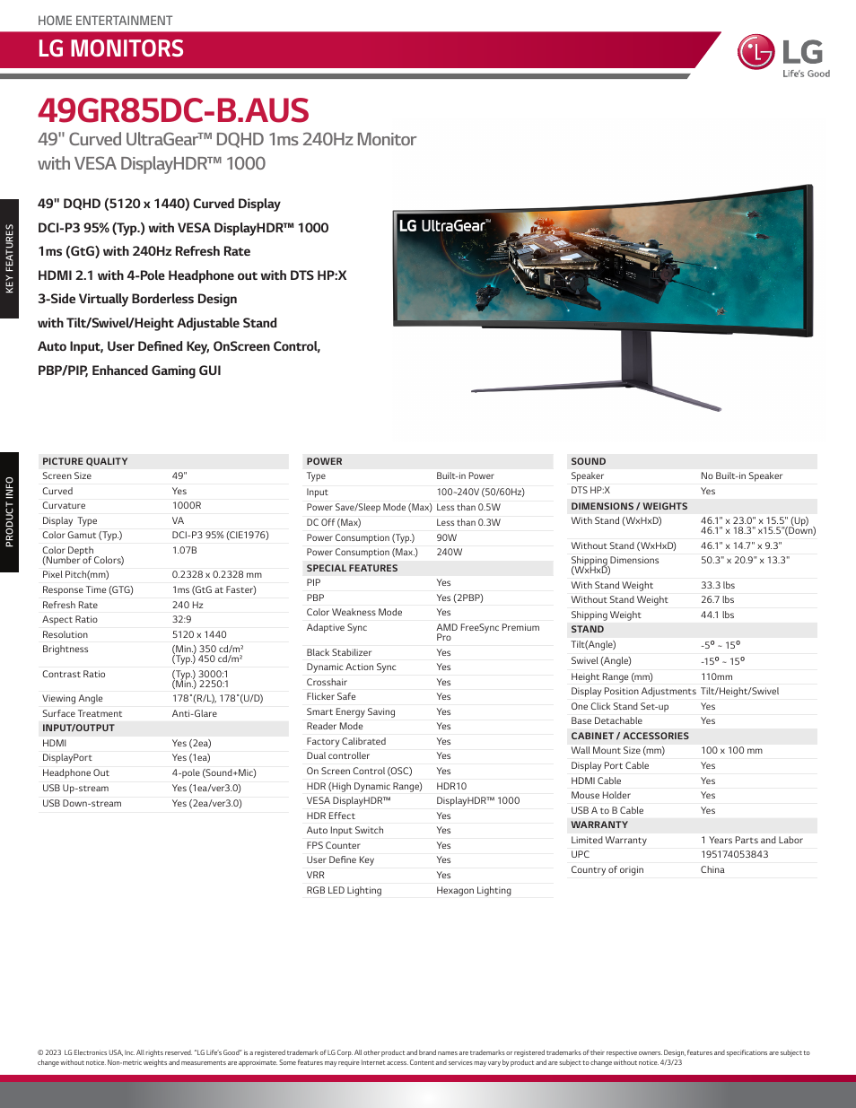 LG UltraGear 49" DQHD HDR 240 Hz Curved Ultrawide Gaming Monitor User Manual | 1 page