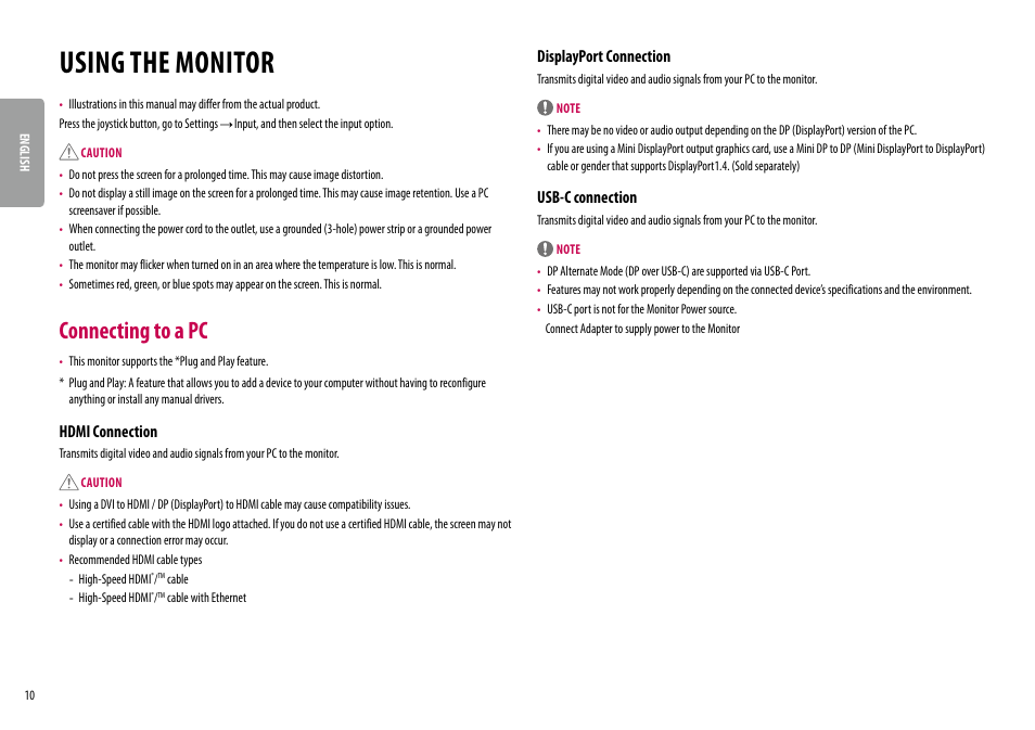 Using the monitor, Connecting to a pc, Hdmi connection | Displayport connection, Usb-c connection | LG UltraWide 34BQ650-W 34" 1080p HDR 100 Hz Monitor User Manual | Page 10 / 40