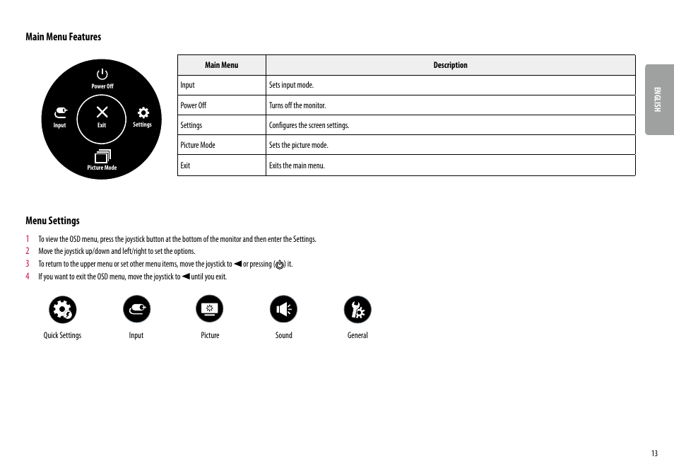 Main menu features, Menu settings | LG UltraWide 34BQ650-W 34" 1080p HDR 100 Hz Monitor User Manual | Page 13 / 40