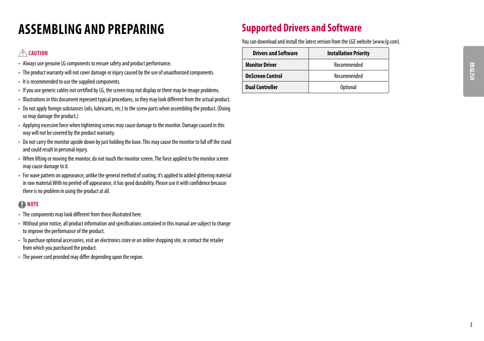 Assembling and preparing, Supported drivers and software | LG UltraWide 34BQ650-W 34" 1080p HDR 100 Hz Monitor User Manual | Page 3 / 40