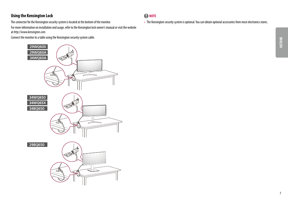 Using the kensington lock | LG UltraWide 34BQ650-W 34" 1080p HDR 100 Hz Monitor User Manual | Page 7 / 40