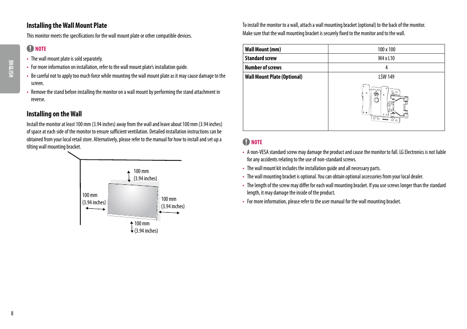 Installing the wall mount plate, Installing on the wall | LG UltraWide 34BQ650-W 34" 1080p HDR 100 Hz Monitor User Manual | Page 8 / 40