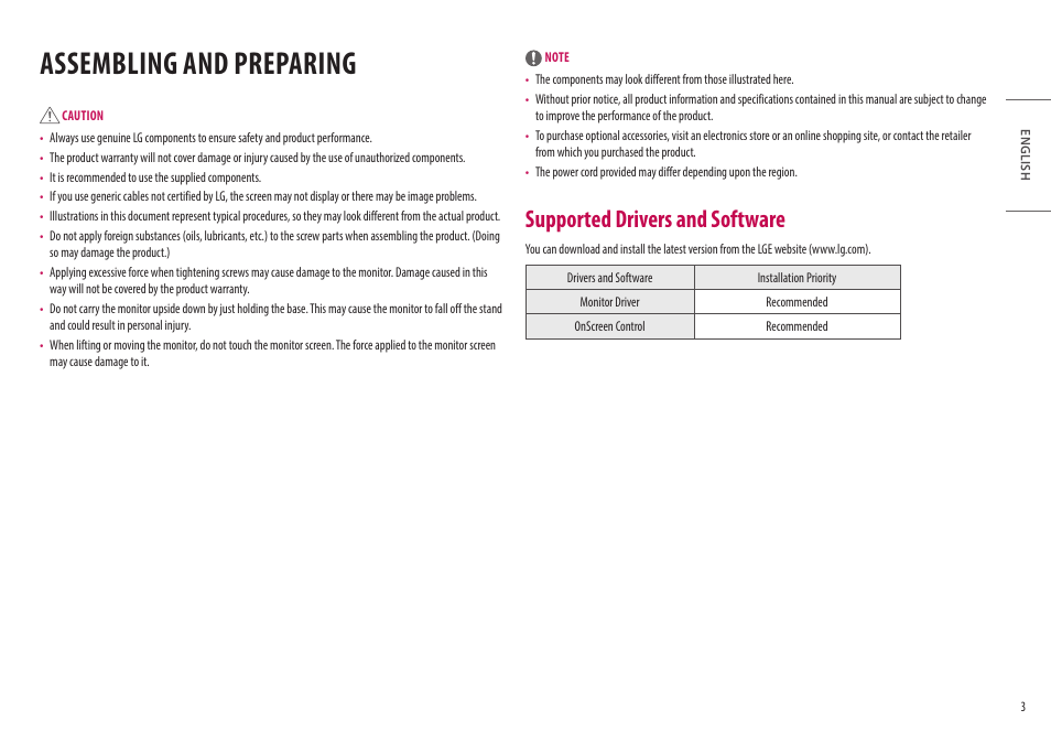 Assembling and preparing, Supported drivers and software | LG 27" IPS Full HD Monitor with USB Type-C User Manual | Page 3 / 27