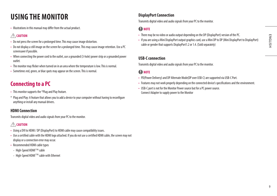 Using the monitor, Connecting to a pc, Hdmi connection | Displayport connection, Usb-c connection | LG 27" IPS Full HD Monitor with USB Type-C User Manual | Page 9 / 27