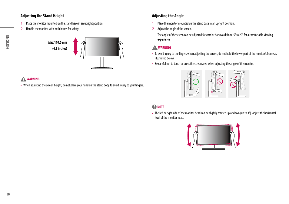 Adjusting the stand height, Adjusting the angle, Adjusting the stand height adjusting the angle | LG UltraFine 27" 4K HDR Monitor User Manual | Page 10 / 33