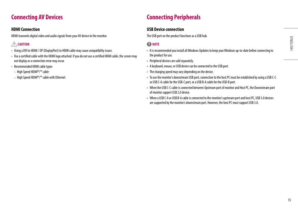Connecting av devices, Hdmi connection, Connecting peripherals | Usb device connection, Connecting av devices hdmi connection, Connecting peripherals usb device connection | LG UltraFine 27" 4K HDR Monitor User Manual | Page 15 / 33