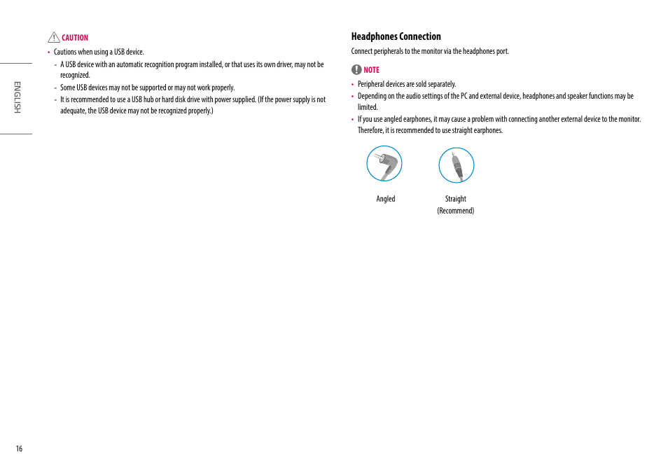 Headphones connection | LG UltraFine 27" 4K HDR Monitor User Manual | Page 16 / 33