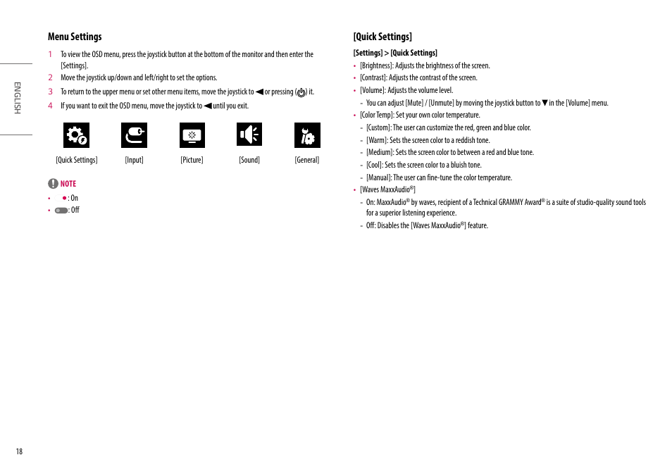 Menu settings, Quick settings, Menu settings [quick settings | LG UltraFine 27" 4K HDR Monitor User Manual | Page 18 / 33