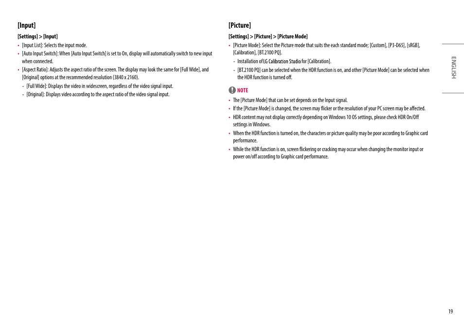 Input, Picture, Input] [picture | LG UltraFine 27" 4K HDR Monitor User Manual | Page 19 / 33