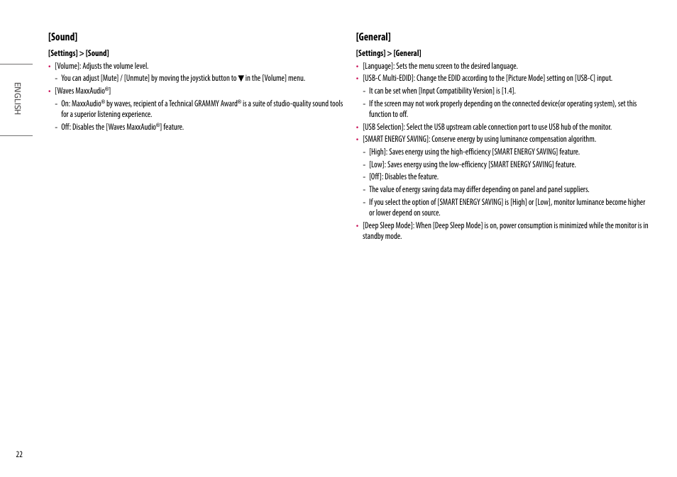 Sound, General, Sound] [general | LG UltraFine 27" 4K HDR Monitor User Manual | Page 22 / 33