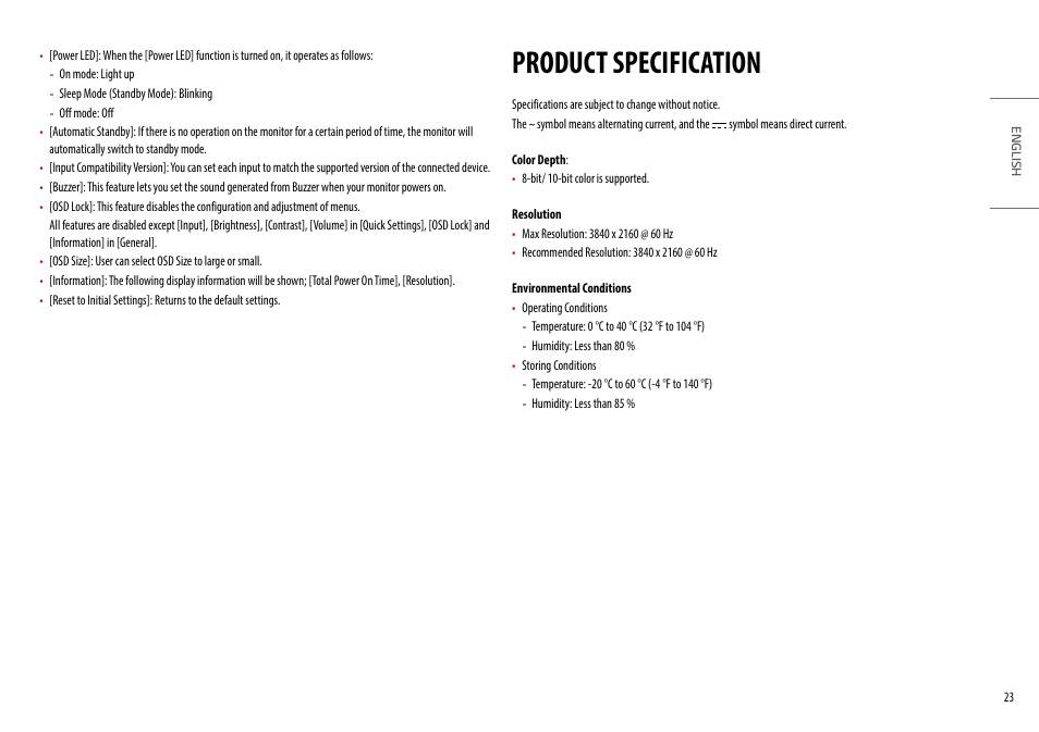 Product specification | LG UltraFine 27" 4K HDR Monitor User Manual | Page 23 / 33