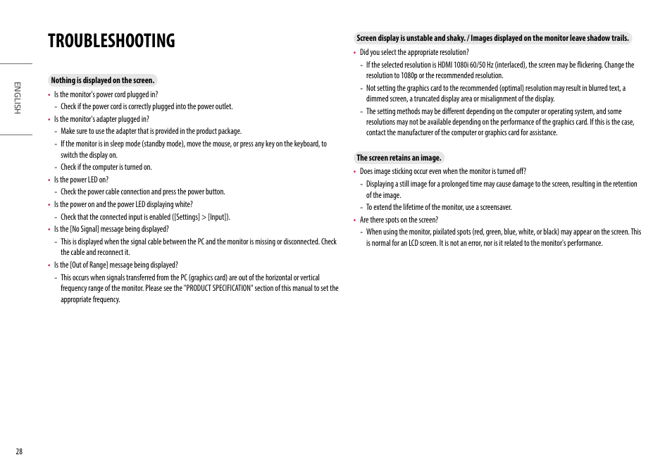 Troubleshooting | LG UltraFine 27" 4K HDR Monitor User Manual | Page 28 / 33