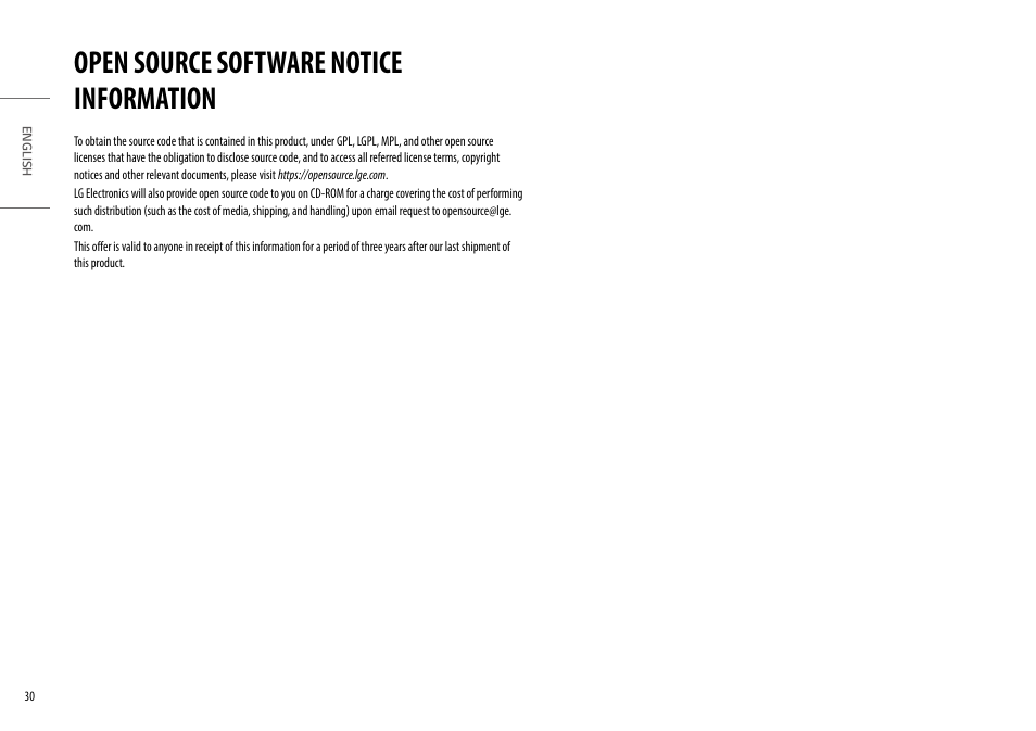 Open source software notice information | LG UltraFine 27" 4K HDR Monitor User Manual | Page 30 / 33