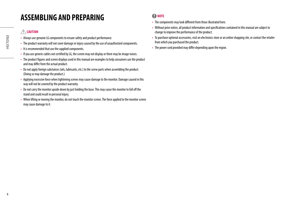 Assembling and preparing | LG UltraFine 27" 4K HDR Monitor User Manual | Page 4 / 33
