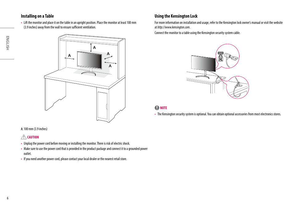 Installing on a table, Using the kensington lock, Installing on a table using the kensington lock | LG UltraFine 27" 4K HDR Monitor User Manual | Page 6 / 33