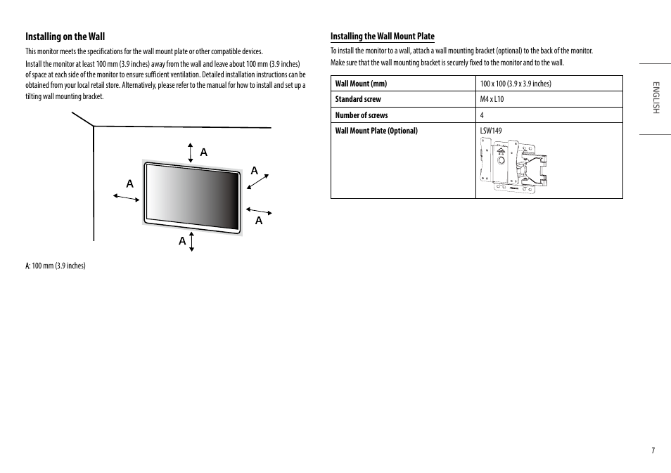 Installing on the wall | LG UltraFine 27" 4K HDR Monitor User Manual | Page 7 / 33