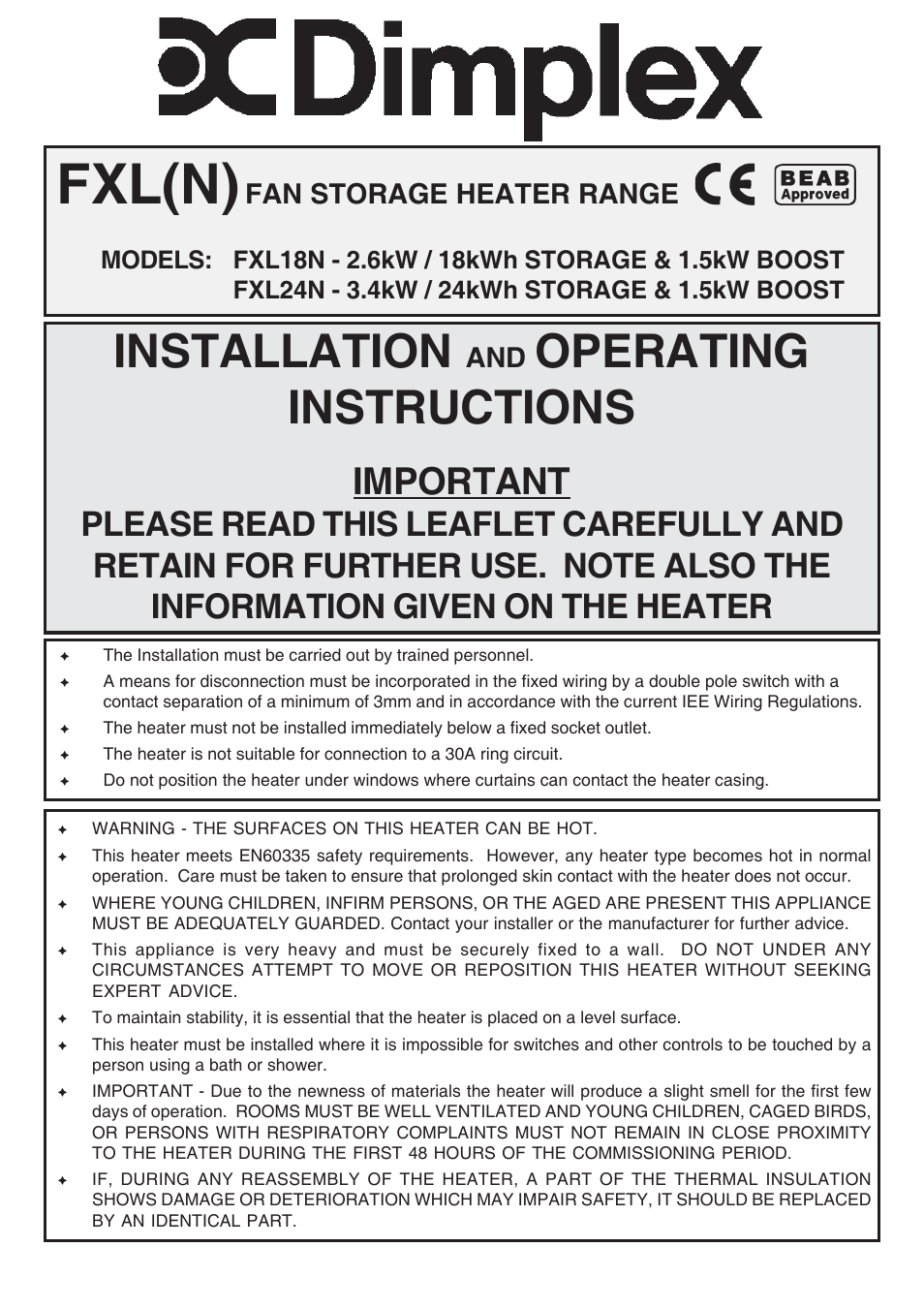 Dimplex FXL18N User Manual | 4 pages