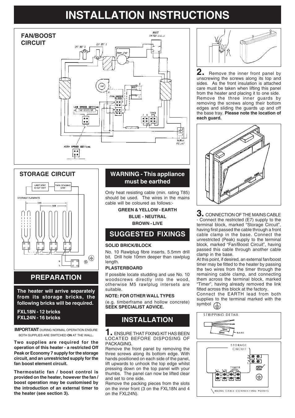 Installation instructions, Preparation, Suggested fixings | Installation, Fan/boost circuit storage circuit, Warning - this appliance must be earthed | Dimplex FXL18N User Manual | Page 2 / 4