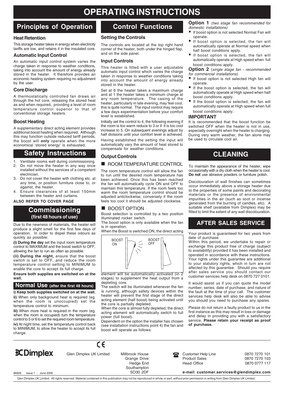 Operating instructions, Safety instructions, Principles of operation control functions | Cleaning, Commissioning, Normal use, After sales service | Dimplex FXL18N User Manual | Page 4 / 4