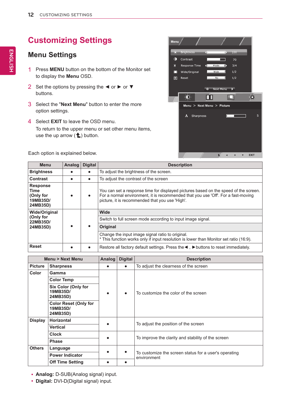 Customizing settings, Menu settings, 12 customizing settings 12 | LG 24BP450Y-I 23.8" Monitor (TAA) User Manual | Page 12 / 26