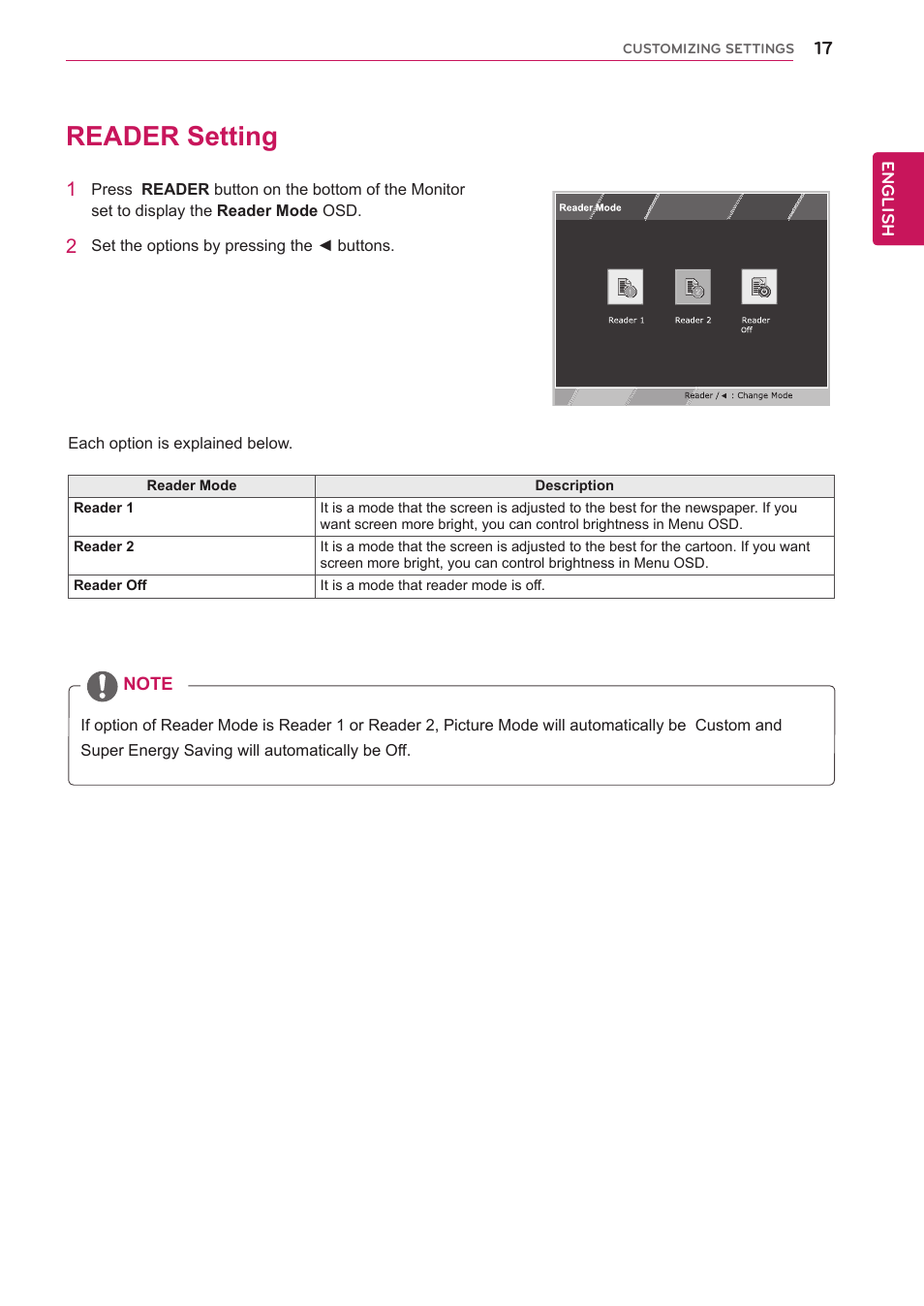 Reader setting, 17 reader setting | LG 24BP450Y-I 23.8" Monitor (TAA) User Manual | Page 17 / 26