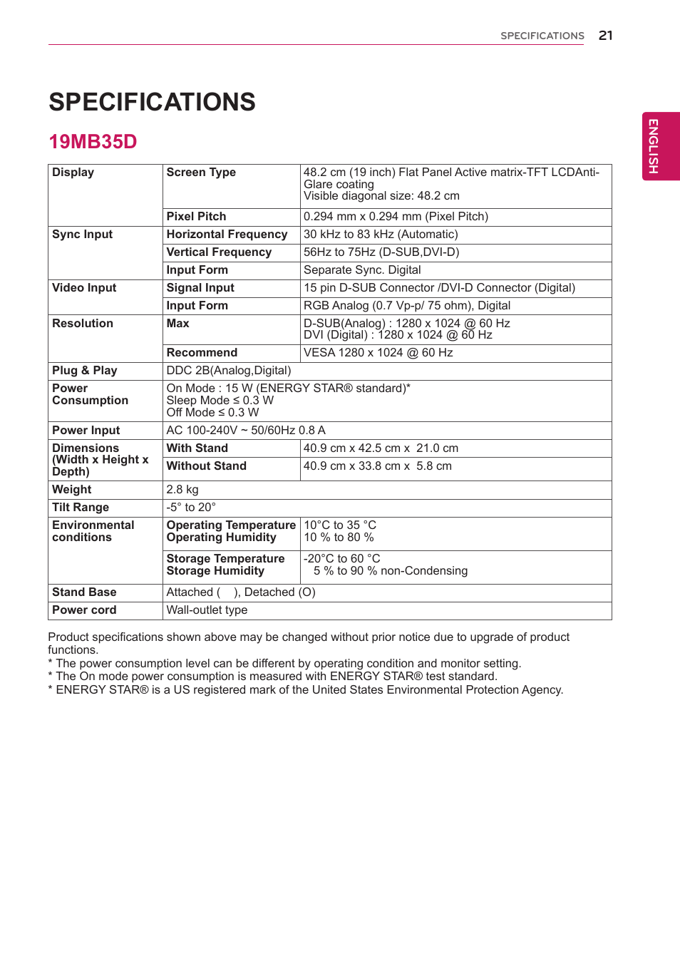 Specifications, 19mb35d, 21 19mb35d | LG 24BP450Y-I 23.8" Monitor (TAA) User Manual | Page 21 / 26