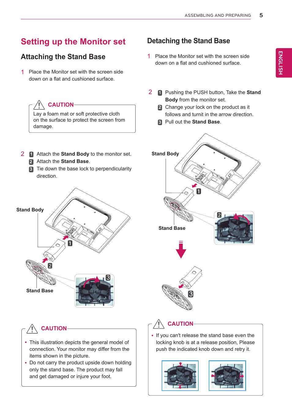 Setting up the monitor set, Attaching the stand base, Detaching the stand base | LG 24BP450Y-I 23.8" Monitor (TAA) User Manual | Page 5 / 26