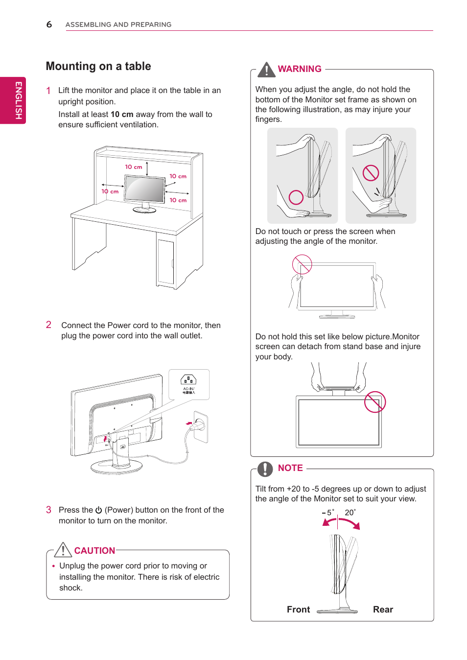 Mounting on a table | LG 24BP450Y-I 23.8" Monitor (TAA) User Manual | Page 6 / 26