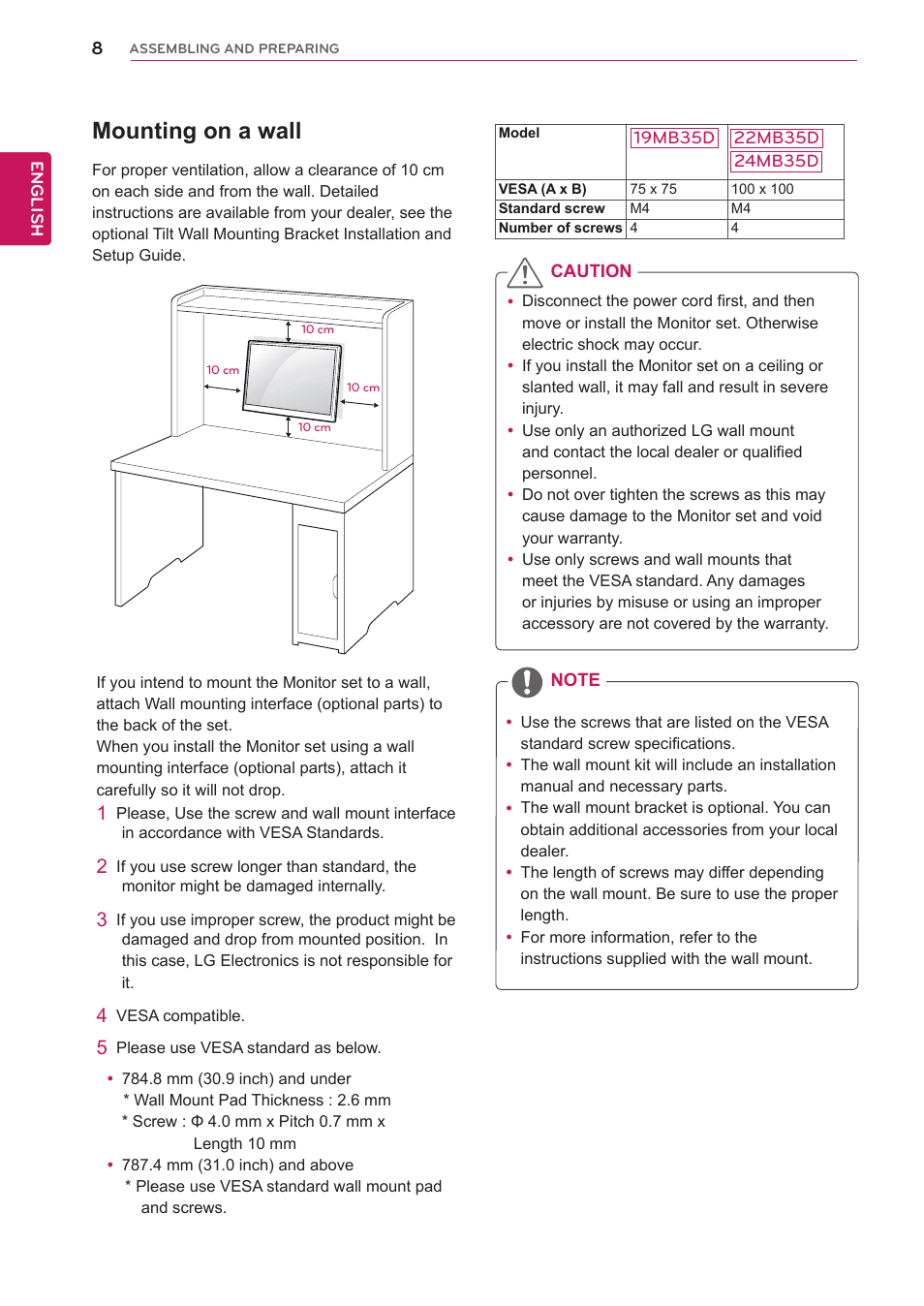 Mounting on a wall | LG 24BP450Y-I 23.8" Monitor (TAA) User Manual | Page 8 / 26