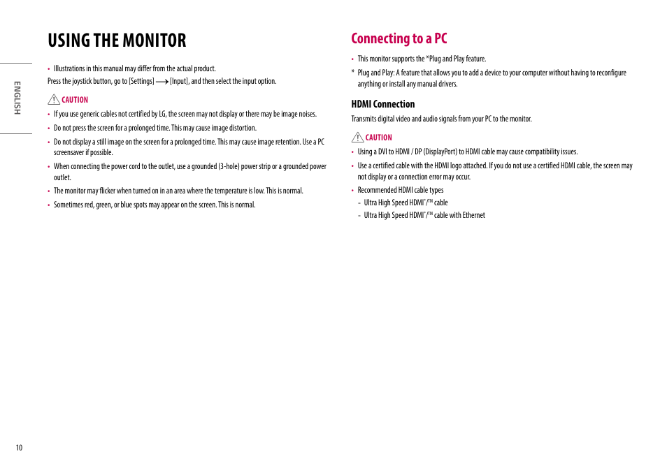 Using the monitor, Connecting to a pc, Hdmi connection | LG UltraWide 49WQ95C-W 49" Dual QHD HDR 144 Hz Curved Monitor User Manual | Page 10 / 31