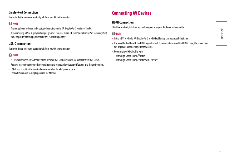 Connecting av devices, Displayport connection, Usb-c connection | Hdmi connection | LG UltraWide 49WQ95C-W 49" Dual QHD HDR 144 Hz Curved Monitor User Manual | Page 11 / 31