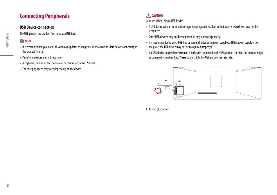 Connecting peripherals, Usb device connection | LG UltraWide 49WQ95C-W 49" Dual QHD HDR 144 Hz Curved Monitor User Manual | Page 12 / 31