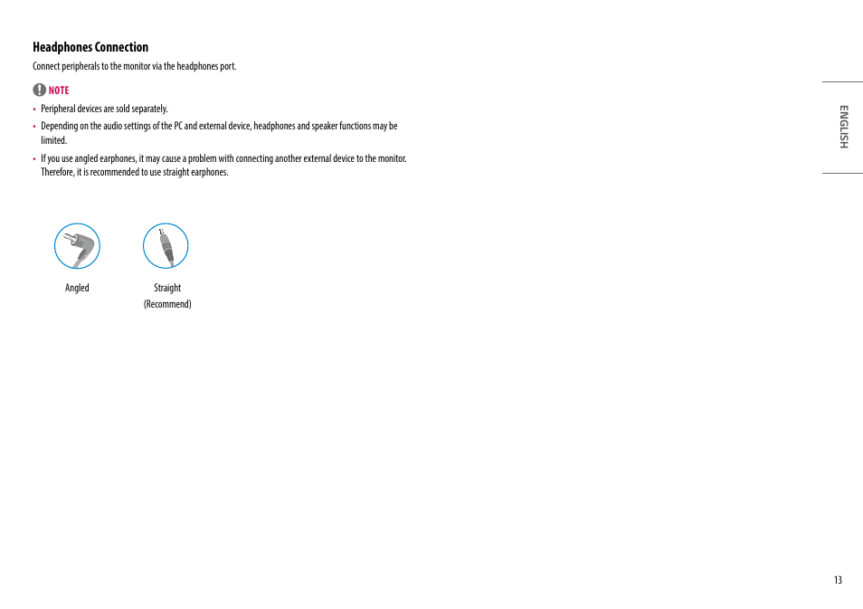 Headphones connection | LG UltraWide 49WQ95C-W 49" Dual QHD HDR 144 Hz Curved Monitor User Manual | Page 13 / 31