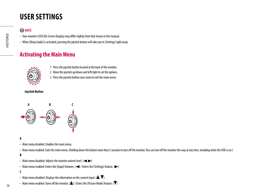 User settings, Activating the main menu | LG UltraWide 49WQ95C-W 49" Dual QHD HDR 144 Hz Curved Monitor User Manual | Page 14 / 31