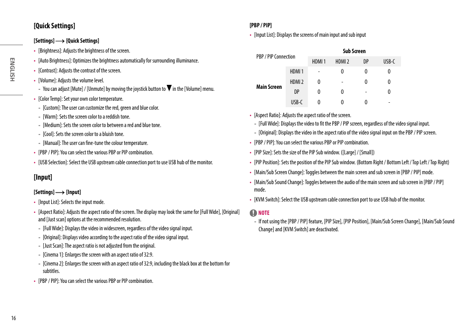 Quick settings, Input | LG UltraWide 49WQ95C-W 49" Dual QHD HDR 144 Hz Curved Monitor User Manual | Page 16 / 31