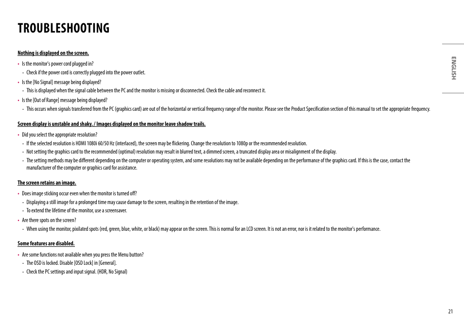 Troubleshooting | LG UltraWide 49WQ95C-W 49" Dual QHD HDR 144 Hz Curved Monitor User Manual | Page 21 / 31