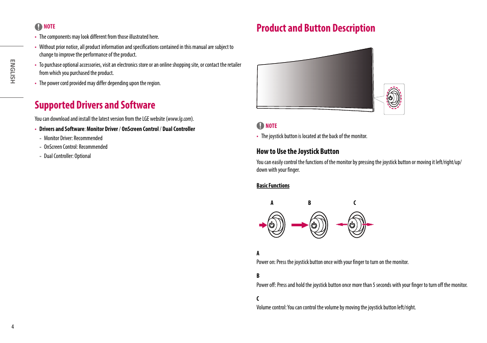 Supported drivers and software, Product and button description, How to use the joystick button | LG UltraWide 49WQ95C-W 49" Dual QHD HDR 144 Hz Curved Monitor User Manual | Page 4 / 31