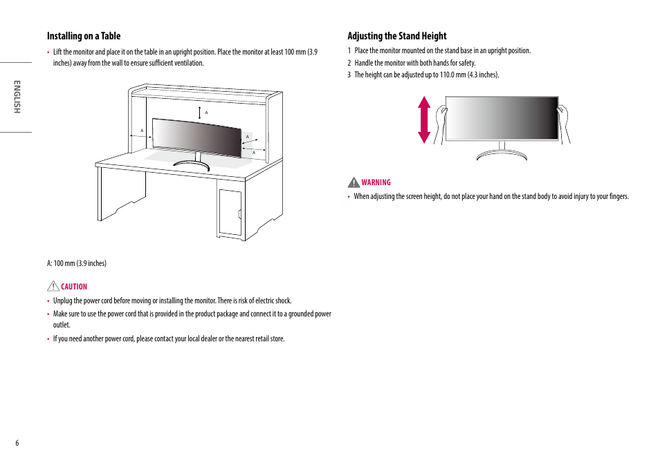 Installing on a table, Adjusting the stand height | LG UltraWide 49WQ95C-W 49" Dual QHD HDR 144 Hz Curved Monitor User Manual | Page 6 / 31