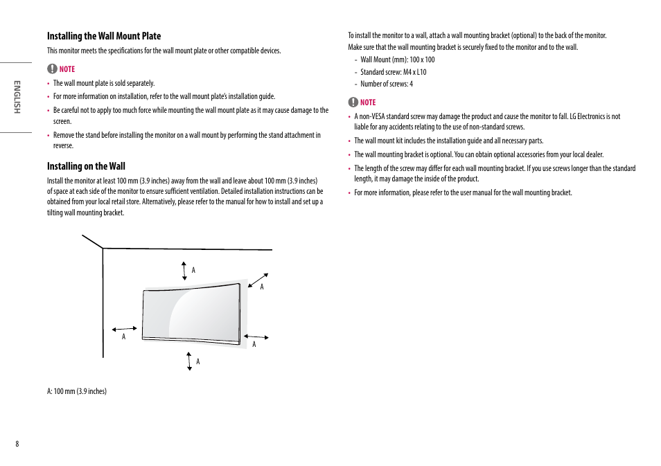 Installing the wall mount plate, Installing on the wall | LG UltraWide 49WQ95C-W 49" Dual QHD HDR 144 Hz Curved Monitor User Manual | Page 8 / 31