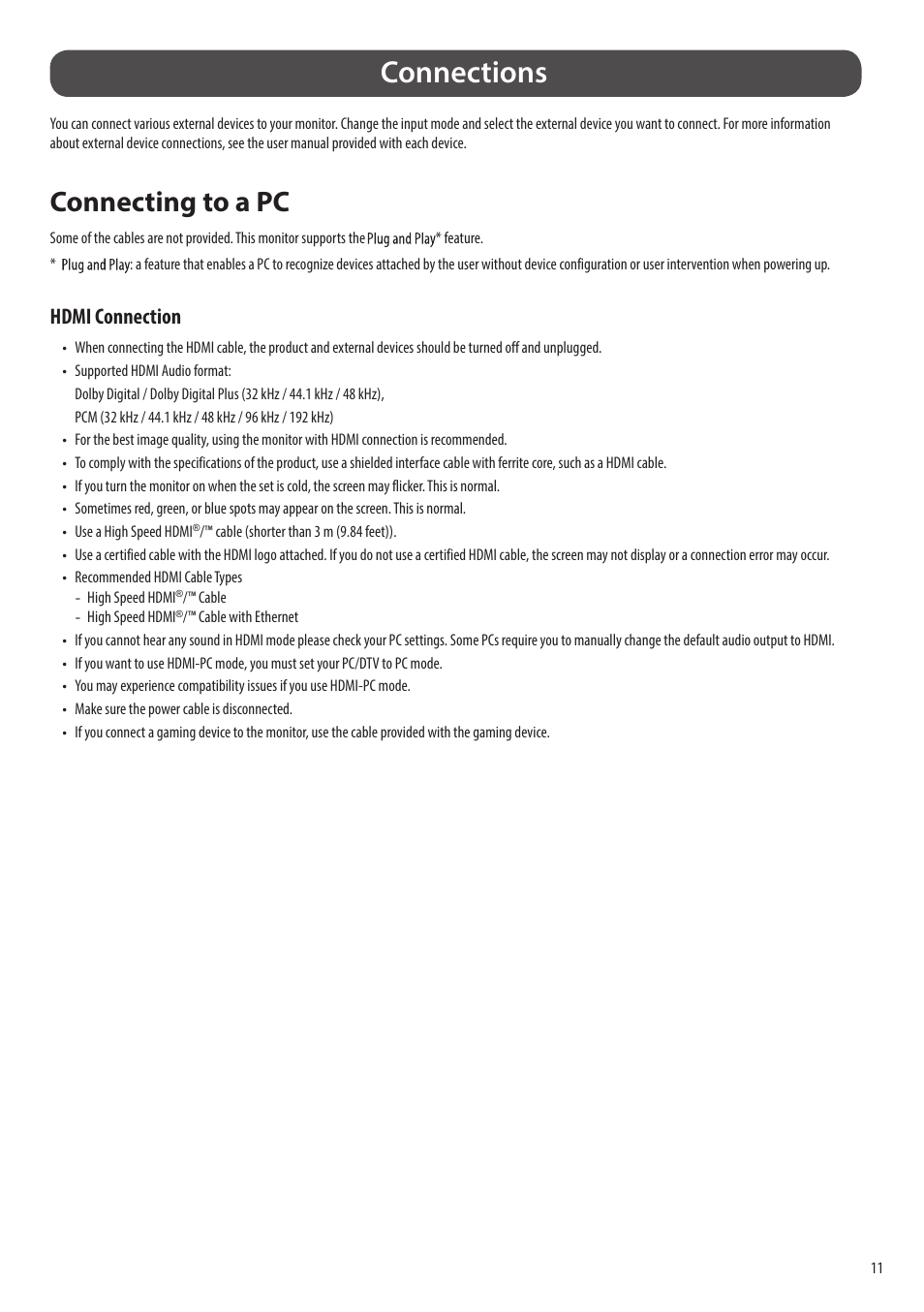 Connections, Connecting to a pc, Hdmi connection | LG 43SQ700S-W 42.5" 4K HDR Monitor (White) User Manual | Page 11 / 21