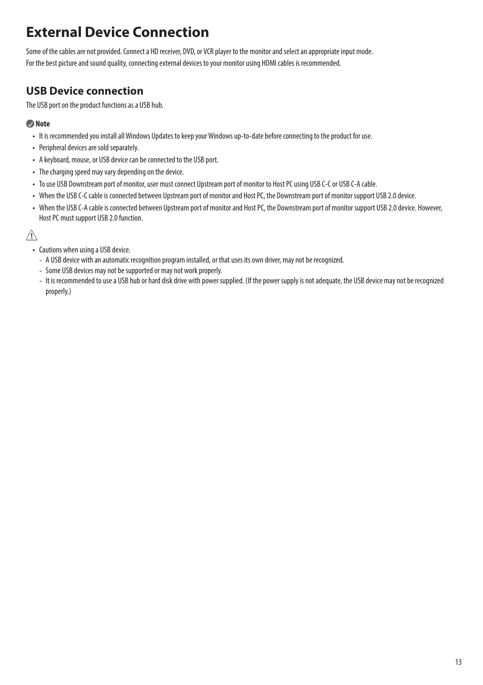 External device connection, Usb device connection | LG 43SQ700S-W 42.5" 4K HDR Monitor (White) User Manual | Page 13 / 21