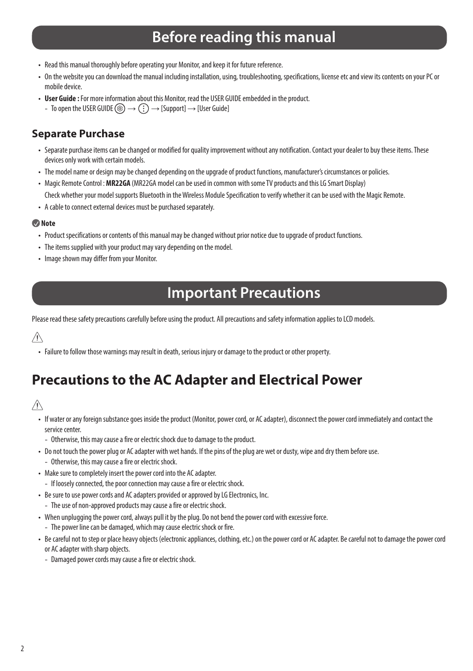 Before reading this manual, Important precautions, Precautions to the ac adapter and electrical power | Separate purchase | LG 43SQ700S-W 42.5" 4K HDR Monitor (White) User Manual | Page 2 / 21