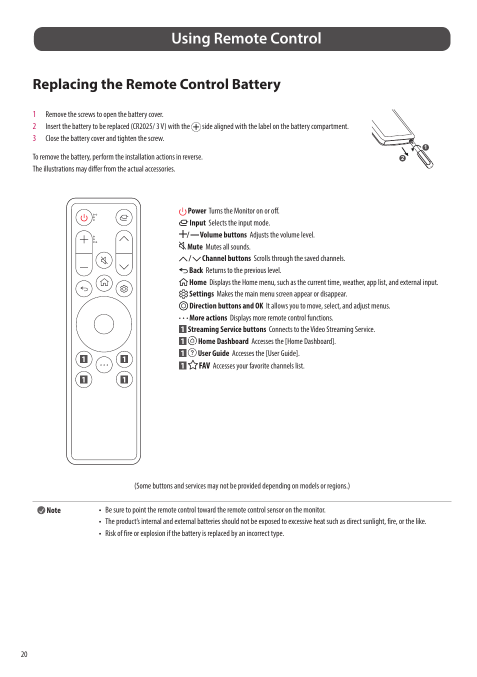 Using remote control, Replacing the remote control battery | LG 43SQ700S-W 42.5" 4K HDR Monitor (White) User Manual | Page 20 / 21