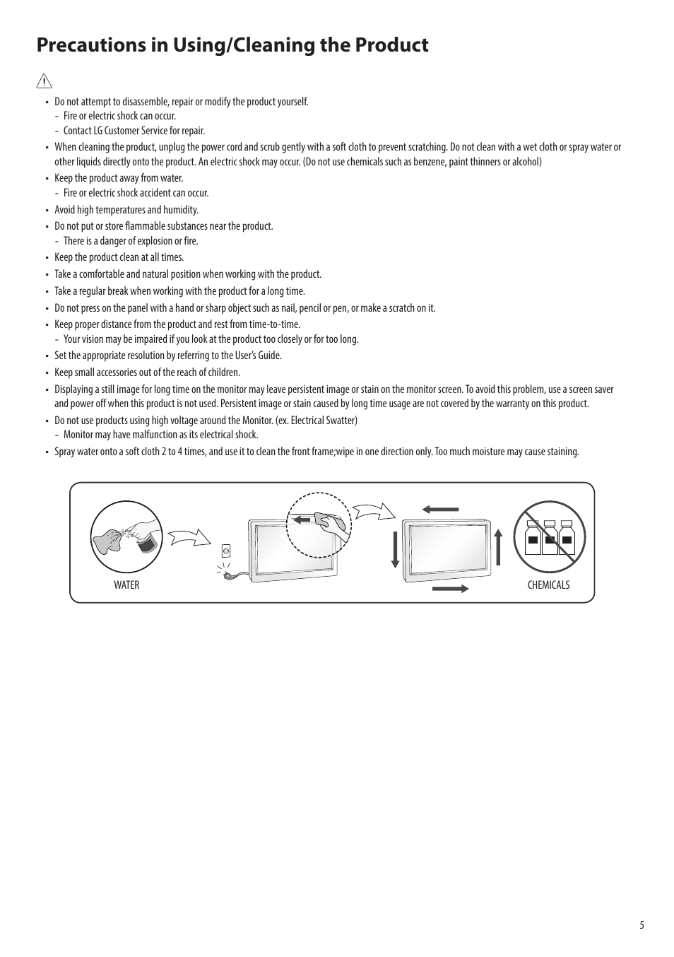 Precautions in using/cleaning the product | LG 43SQ700S-W 42.5" 4K HDR Monitor (White) User Manual | Page 5 / 21