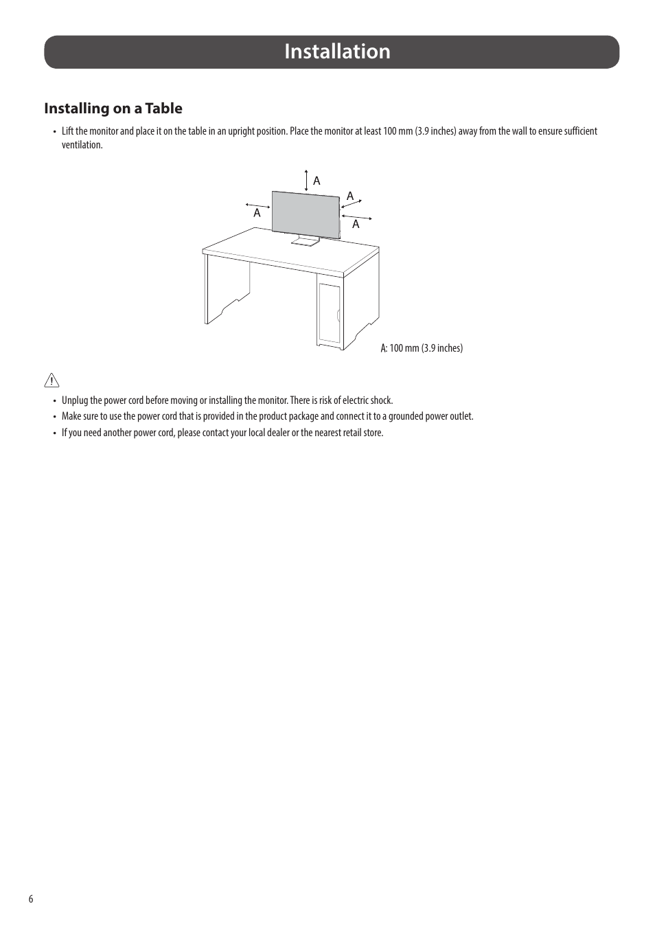 Installation, Installing on a table | LG 43SQ700S-W 42.5" 4K HDR Monitor (White) User Manual | Page 6 / 21