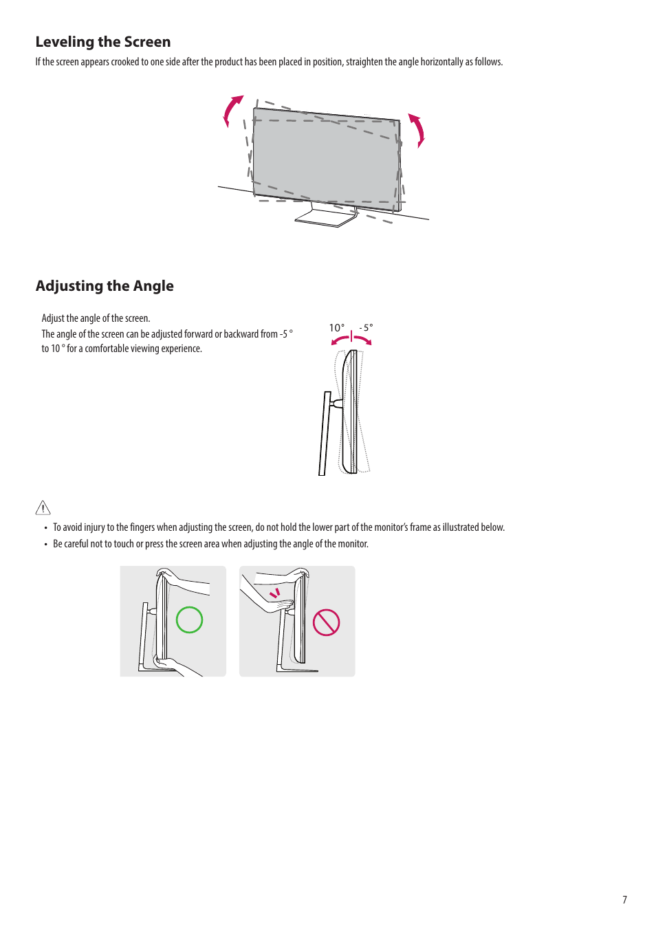 Leveling the screen, Adjusting the angle | LG 43SQ700S-W 42.5" 4K HDR Monitor (White) User Manual | Page 7 / 21